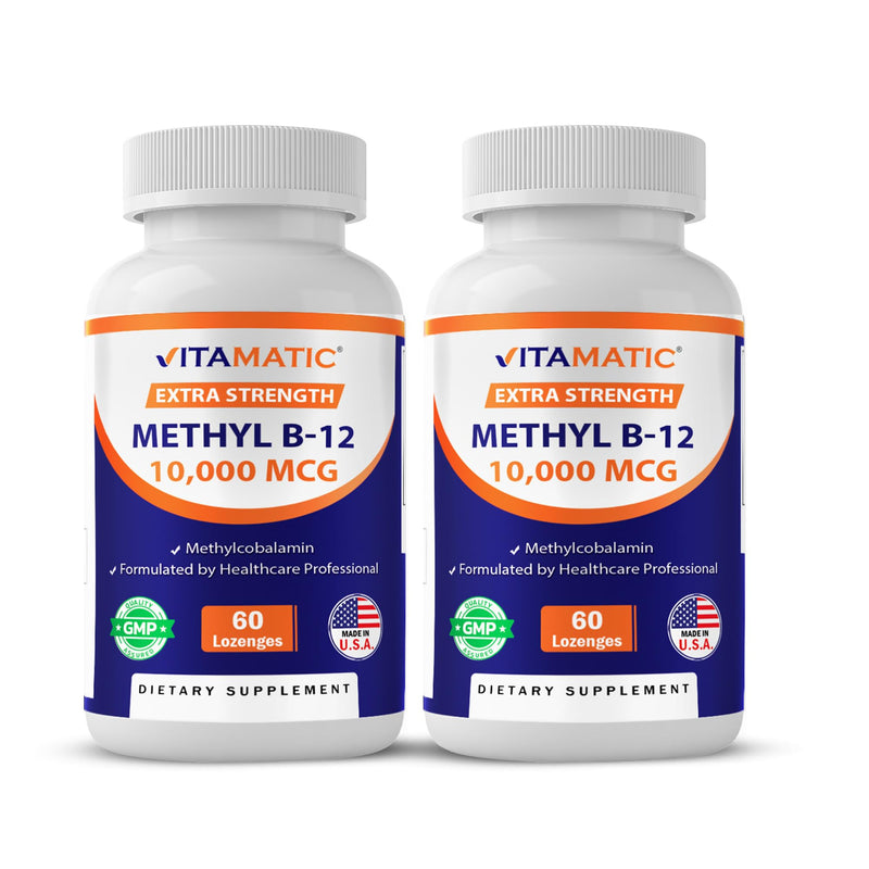 Vitamatic Methyl Vitamin B12 (Methylcobalamin) 10,000 mcg (10mg) 60 Lozenges - Superior Source of Vitamin B12 (2 Pack) | Natural Berry Flavor, Superior Source of Vitamin B12 for Energy & Nerve Health*, Non GMO, Gluten Free, Made in USA