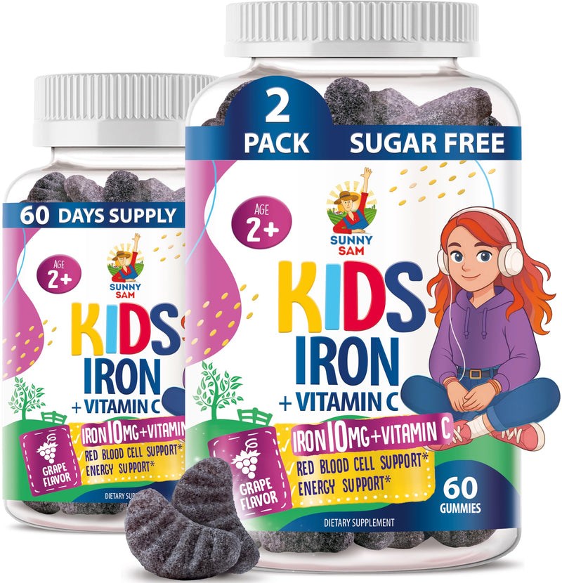 SUNNY SAM Iron Gummies for Kids & Teens - 10mg Vitamins with Vitamin C - Low-Sugar Chewable Iron Gummy Supplement for Immune Support, Supports Red Blood Cell Production for Children & Teen Girls 60 Count (Pack of 2)