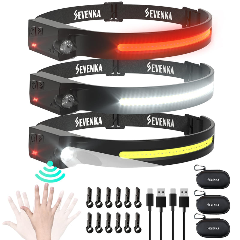 SEVENKA 3 Rechargeable Headlamps with Red Light, LED Headlamp Flashlight with Carrying Case, 1000 Lumen 230° Wide Beam & Spot Light, Sensor Mode, 2.47oz Lightweight Head Lamp for Camping 3 White & Red Lights