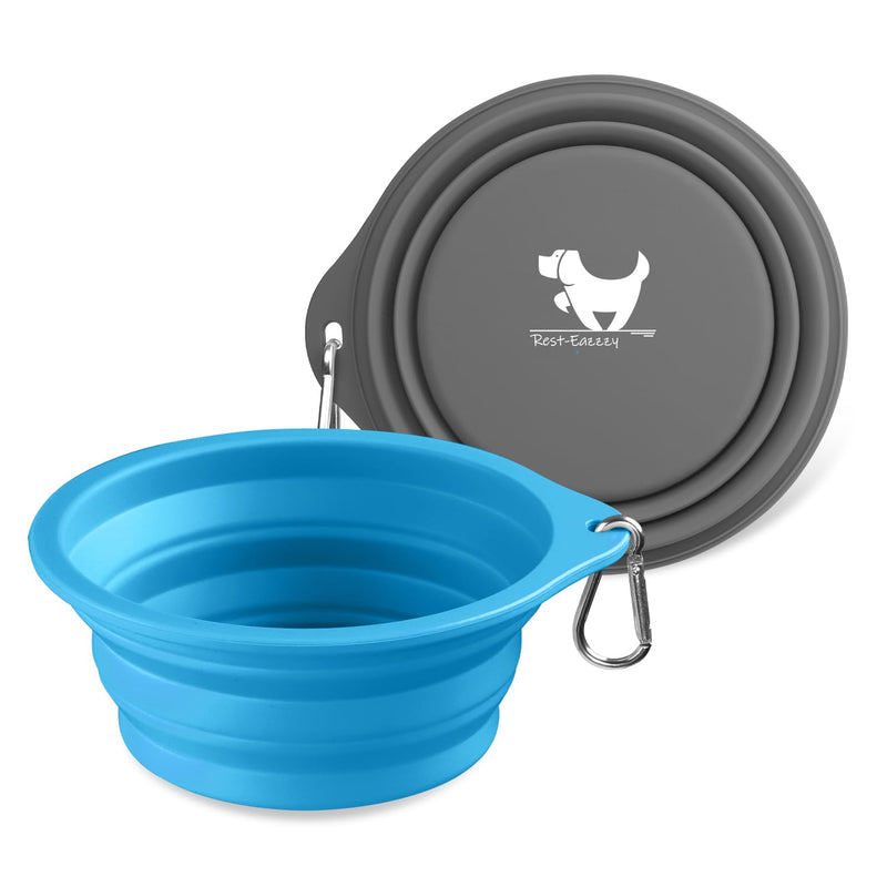 Rest-Eazzzy 2-Pack Silicone Collapsible Dog Bowls, BPA Free Dishwasher Safe, Portable Foldable Travel Bowl, Food Water Feeding Cup Dish for Dogs Cats with 2 Carabiners (Grey, Blue, 600 ML) Grey, Blue - BeesActive Australia