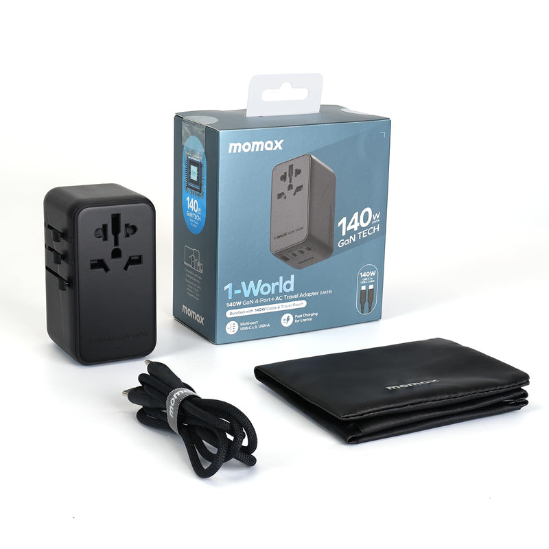 MOMAX 140W Universal Travel Adapter, GaN Technology, EU/UK/AUS/US/JP Worldwide, Fast Charging for iPhone, MacBook pro, Vision Pro, Charging Cable Included Black - BeesActive Australia