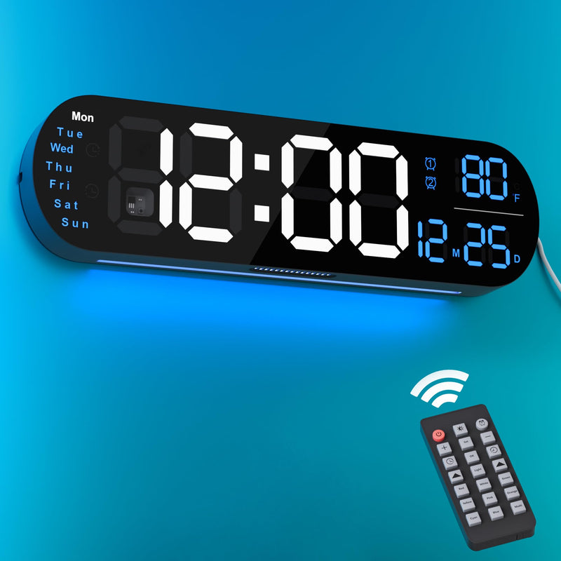 ANALOI Digital Wall Clock Large Display, 13.7 inch Large Digital Wall Clock with RGB Color Changing Remote Control, Date Week Temperature DST, Auto Brightness Dimmer Big Clock with Night Lights Blue - BeesActive Australia