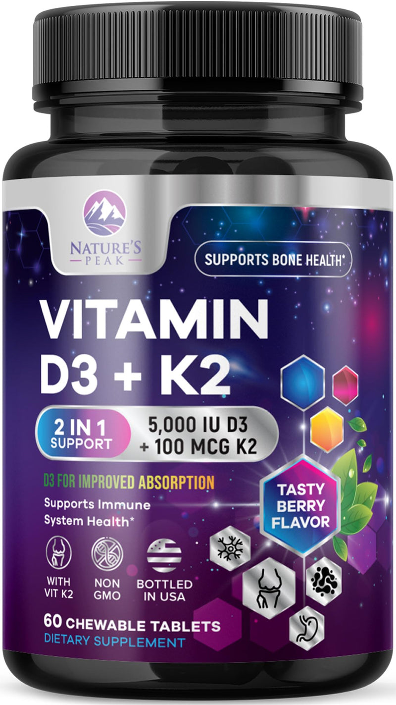 Vitamin D3 K2 - 5000 IU Vitamin D3 & 100 mcg Vitamin K2 MK-7 per Serving - Bone, Heart, & Immune Health Support - Calcium Absorption - D3K2 Berry Chew, Gluten Free, Non-GMO, Bottled USA - 60 Tablets 60 Count (Pack of 1)