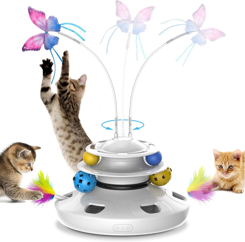 Cat Toys - 4in1 Rechargeable Automatic Cat Toy Interactive Kitten Toy Whack a Mole Fluttering Butterfly Ambush Feather Track Balls Toys Rechargeable Feather Toys Indoor Exercise Kicker White - BeesActive Australia
