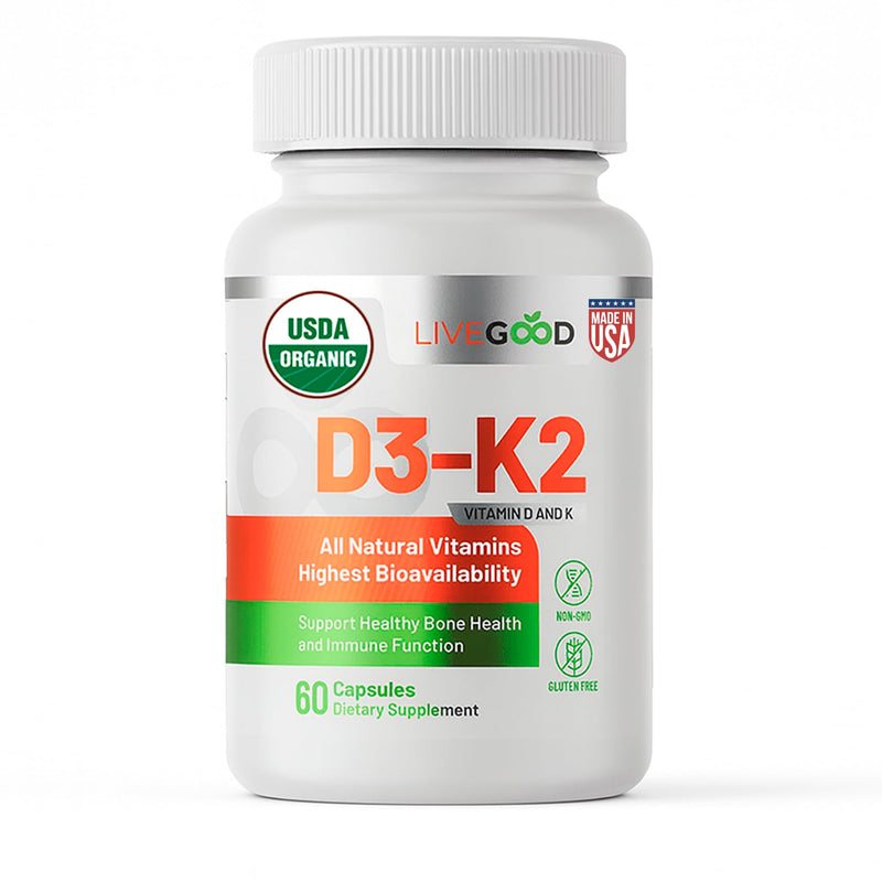LiveGood Vitamin D3 K2 2000 IU, Organic Vegan D3 K2 Supplement with MK-7 | Organic, Vegan, MK-7, Immune & Bone Support, 60 Capsules, Non-GMO, Made in USA, No Fillers, Daily Wellness Formula