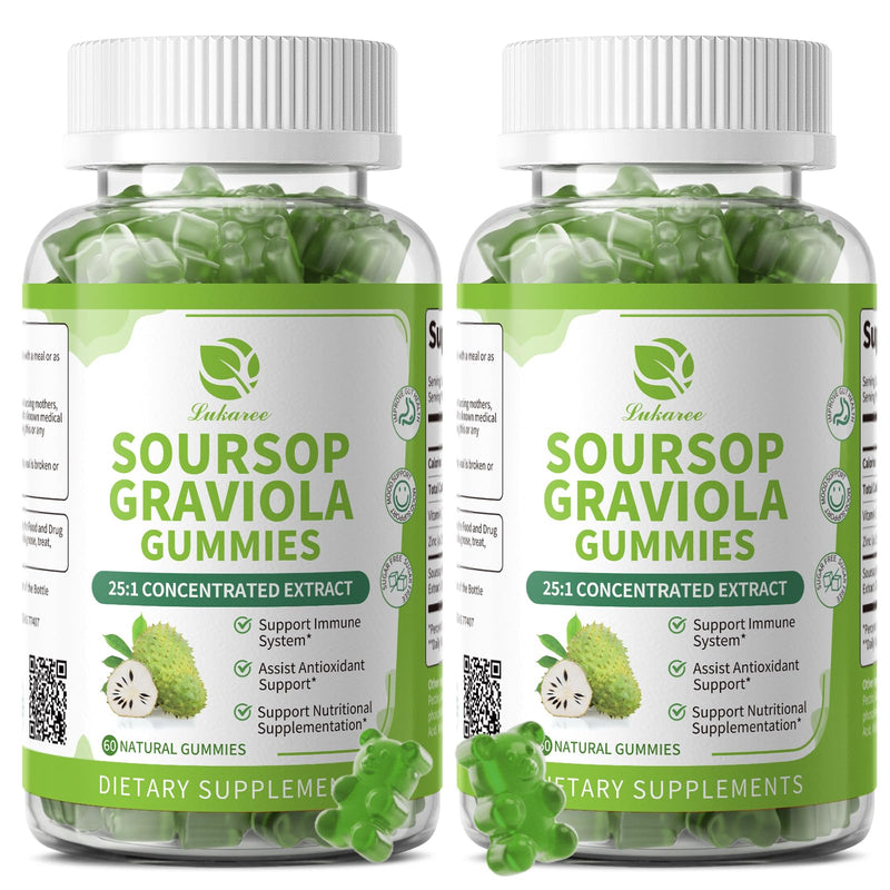 (2 Pack) Soursop Gummies - Soursop Leaves Concentrated Extract for Immune | Herbal Extracts w/Vitamin C, Zinc & Natural Food for Liver, Calming & Antioxidant, Sugar Free, Gluten Free, Vegan, 60 Gummies 60 Count (Pack of 2)