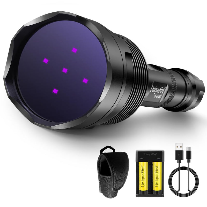 UniqueFire 365nm Black Light UV Flashlight with 5 LEDs Professional UV Light, 50W Powerful Blacklight Flashlight Rechargeable for Pet Urine Finding & Mineral, Antique Detection, Scorpion Search, etc - BeesActive Australia