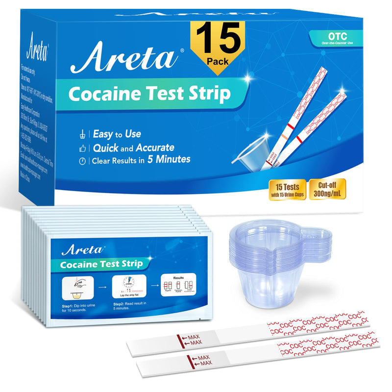Areta Cocaine Test Strip: Cocaine Drug Test Single Panel Urine Screen Kits, 15 Pack Instant Accurate Home Cocaine Tests Coke Dipstick with Cups, 300 ng/mL Cutoff -ASCOC-114 15 Count - BeesActive Australia