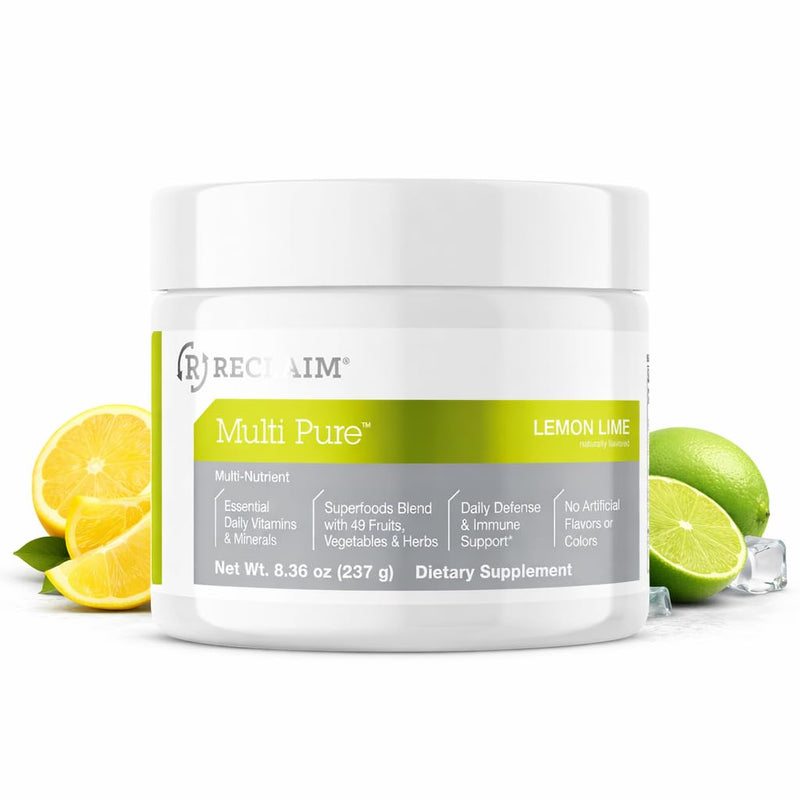 Reclaim Multi Pure Lemon Lime, Immune Support, Vitamin C, Vitamin B Complex, Probiotic, Superfood Powder, Calcium, Magnesium Oxide, (30 Servings) (Lemon Lime)