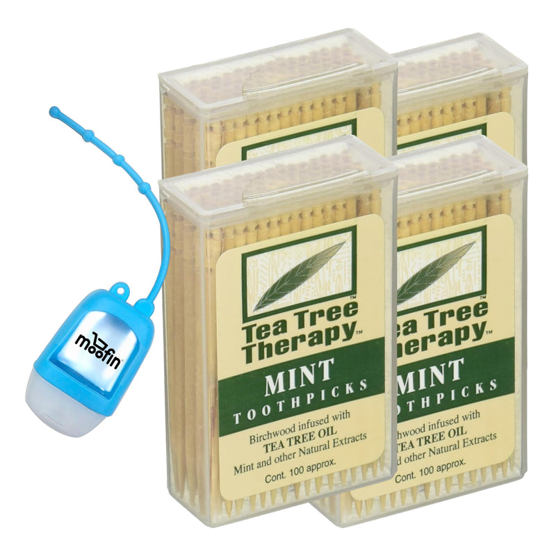 Tëä Trëë Thëräpy Mint Toothpicks 0.16 oz 100 Count, Tea Tree Oil Toothpicks with Moofin Hand Sanitizer Dispenser, Fresh Breath, Ideal for On The Go Use, Mint Flavored Toothpicks (Pack of 4) - BeesActive Australia