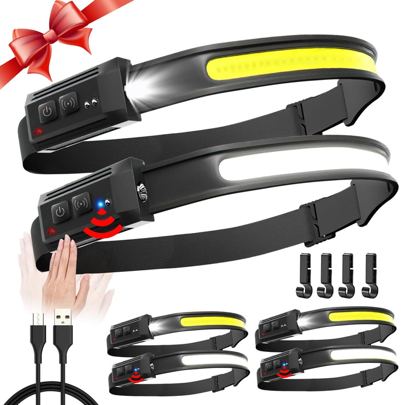 Headlamp Rechargeable 6 Pack, 230° Wide Beam LED Headlamp with 2 Spotlights, Motion Sensor, 5Mode LED Headlamp, Head Lights for Forehead, Headlamps for Adults Running Hard Hat