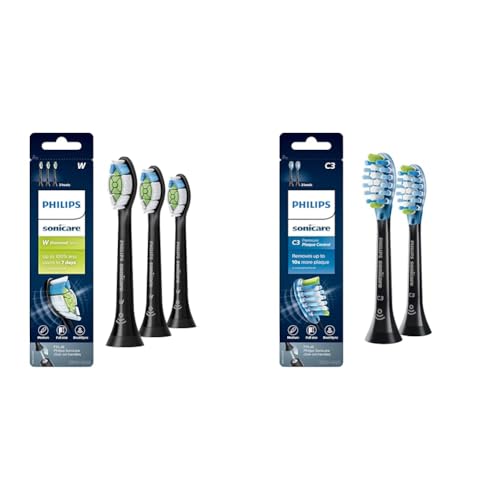 Philips Sonicare Genuine W DiamondClean Toothbrush Heads, 3 Brush Heads, Black, HX6063/95 & Genuine C3 Premium Plaque Control Replacement Toothbrush Heads, 2 Brush Heads, Black, HX9042/95