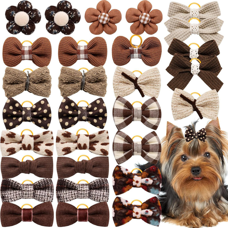 20pc Brown Small Dog Hair Bows, Mix Holiday Dog Hair Bows for Yorkie Dogs, Puppy Dog Hair Accessories with Rubber Bands, Top Knot for Daily Use Brown-A330 - BeesActive Australia