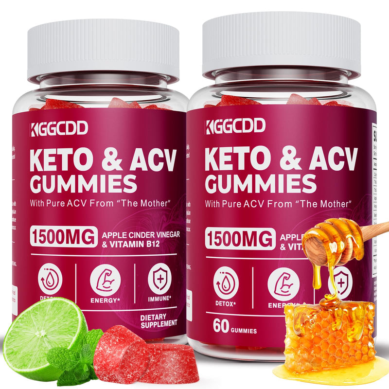 Apple Cider Vinegar Gummies 1500MG, Keto ACV Gummies, 2 Pack | B12 Energy Metabolism Support, Beetroot & Pomegranate, Low-carb, Vegan, Non-GMO, 120 gummies 60 Count (Pack of 2)