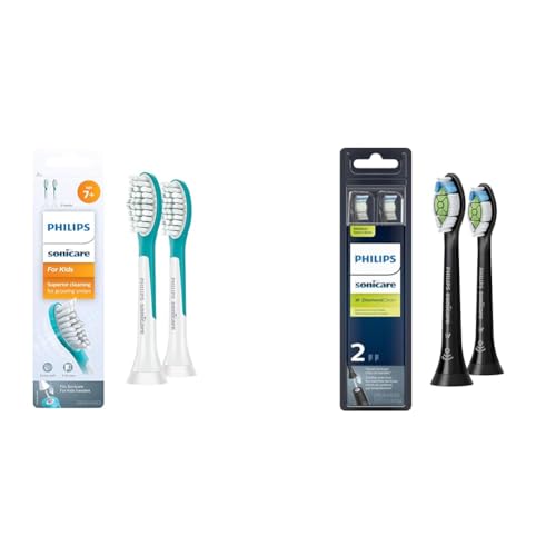 Philips Sonicare for Kids 7+ Genuine Replacement Toothbrush Heads, 2 Brush Heads, Turquoise and White, Standard, HX6042/94 & Genuine W DiamondClean Toothbrush Heads, 2 Brush Heads, Black, HX6062/95