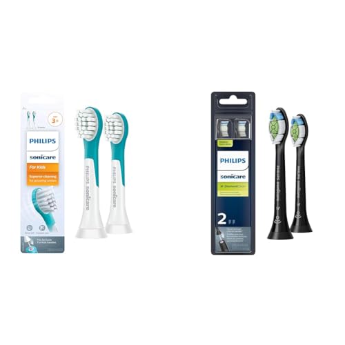 Philips Sonicare for Kids 3+ Genuine Replacement Toothbrush Heads, 2 Brush Heads, Turquoise and White, Compact, HX6032/94 & Genuine W DiamondClean Toothbrush Heads, 2 Brush Heads, Black, HX6062/95