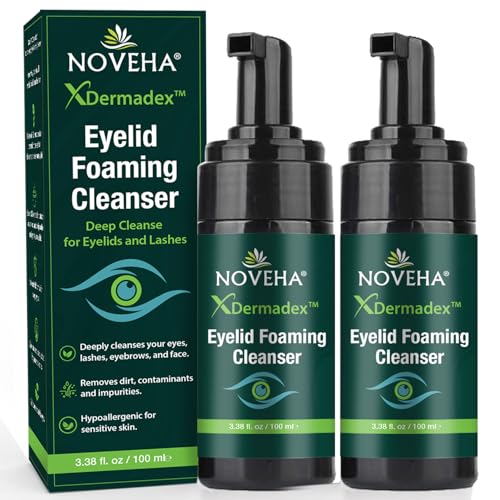 NOVEHA Extra Strength Tea Tree Eyelid & Face Foaming Cleanser – Daily Cleansing Foam with Tea Tree Oil, Coconut Oil, Vitamin E & Pro-Vitamin B5 – For Eyelids, Lashes & Face – 3.38 fl oz (100ml) 2 Pack