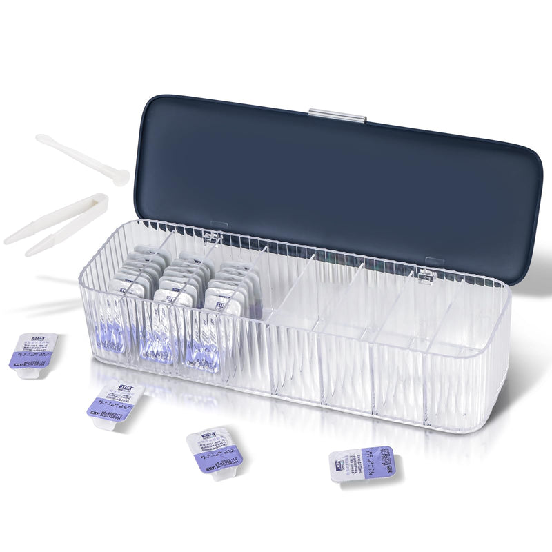 P-80 Daily Contact Lens Organizer with Remover & Tweezer, Disposable Lens Dispenser, Clear Plastic Box for All Brands (Blue) BLUE