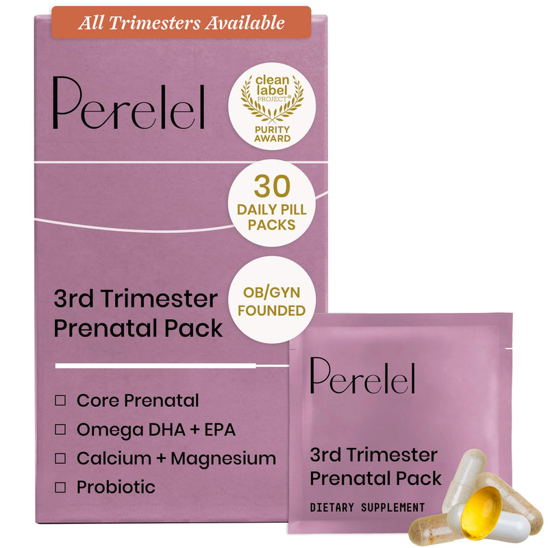 Perelel 3rd Trimester Prenatal Vitamins for Women, Choline, Folate, & Iron | Nutritional Support for Late Pregnancy, Folate, Omega 3, & Magnesium, Soy & Gluten Free, Non-GMO, 30 Daily Pill Packs