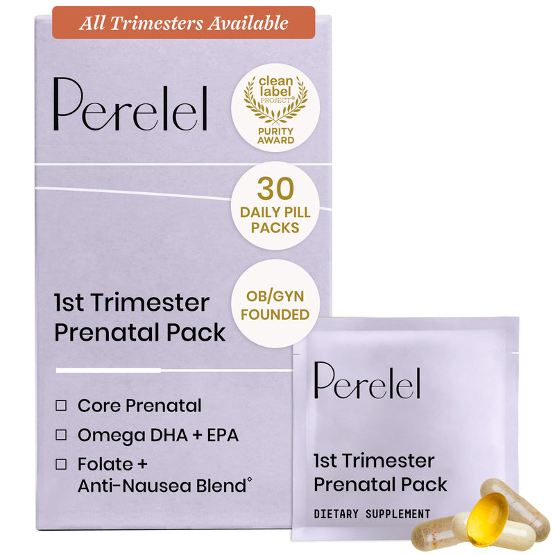 Perelel 1st Trimester Prenatal Vitamins for Women, Folate, Omega 3, Iron | Nutritional Support for Early Pregnancy, Vitamin D, Iron, & Ginger, Soy & Gluten Free, Non-GMO, 30 Daily Pill Packs