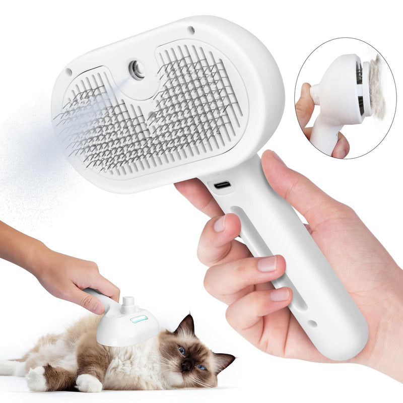 Cat Steam Brush, 3 In 1 Steamy Pet Brush with Release Button and Tank, Anti-Static Cat Steamy Brush for Effective Hair Removal, Rechargeable Steam Cat Brush for Furry Pet White - BeesActive Australia
