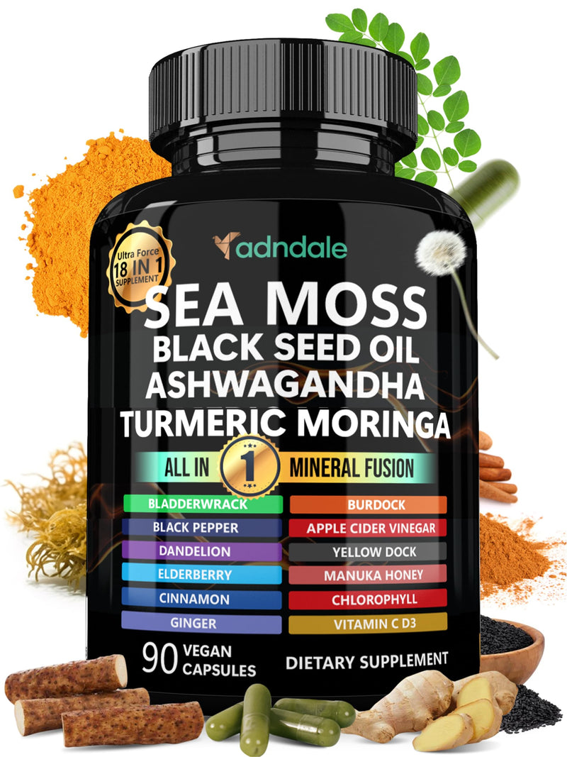 Adndale Sea Moss Capsules - Sea Moss Blend with Ashwagandha, Turmeric & Black Seed Oil - 90 Count 90 Count (Pack of 1)