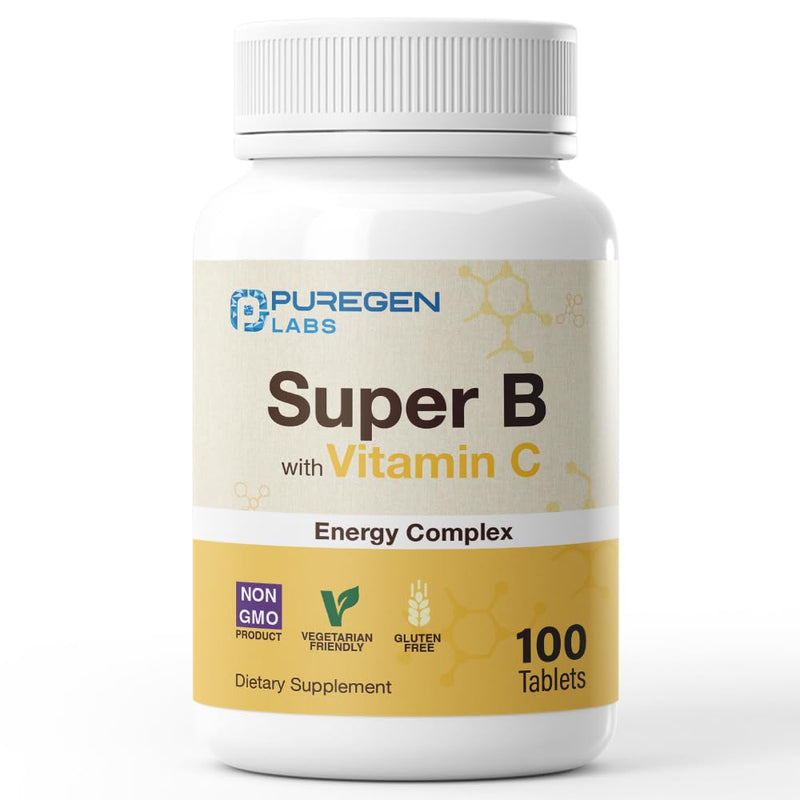 Puregen Labs Super B Energy Complex with Vitamin C - Immune Health, Energy & Nervous System Support - Non-GMO, Gluten-Free 100 Vegetarian Tablets 1