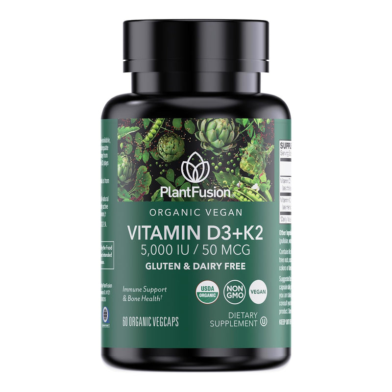 PlantFusion Organic Vegan Vitamin D3 + K2 5,000 IU, 50MCG – Vitamin D Sourced from Plant Based Lichen and Vitamin K2, for Immune Support and Bone Health - 60 Capsules 60 Count (Pack of 1)
