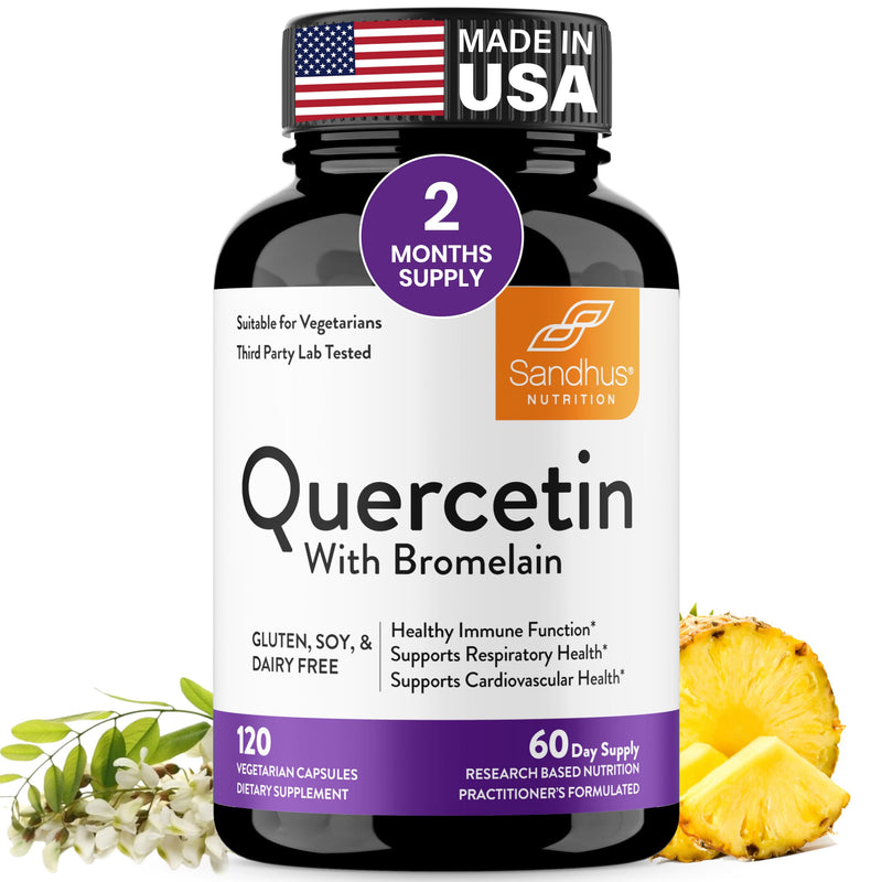 Sandhu's Quercetin with Bromelain 1000mg Per Serving 120 Count Vegetarian Capsules Bioflavonoids Supplement Complex Supports Immune, Cardiovascular & Respiratory Health| Made in USA Quercetin with Bromelain 120 Count - BeesActive Australia