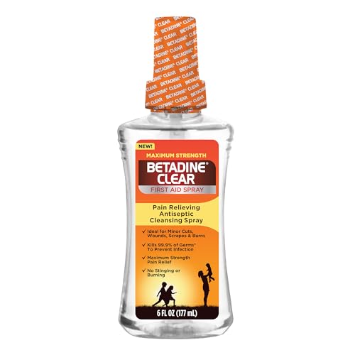 Betadine Clear First Aid Spray, Max Strength Pain Relieving Antiseptic Cleansing Spray, No Stinging, Kills 99.9% of Germs*, Helps Prevent Infections, 6 oz 6 Ounce Clear Spray
