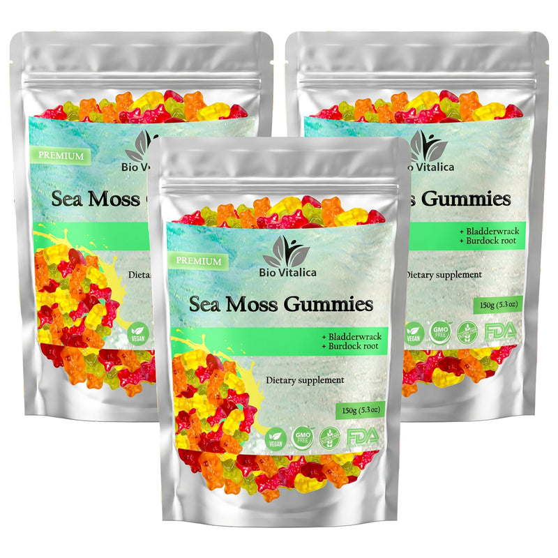 Sea Moss Gummies – with Bladderwrack & Burdock Root – Wildcrafted Gel + Powder – Vegan, Keto, Non-GMO, Gluten-Free – Fruity Mineral-Rich Gummies – 50 Count (3 Pack) 50 Count (Pack of 3)