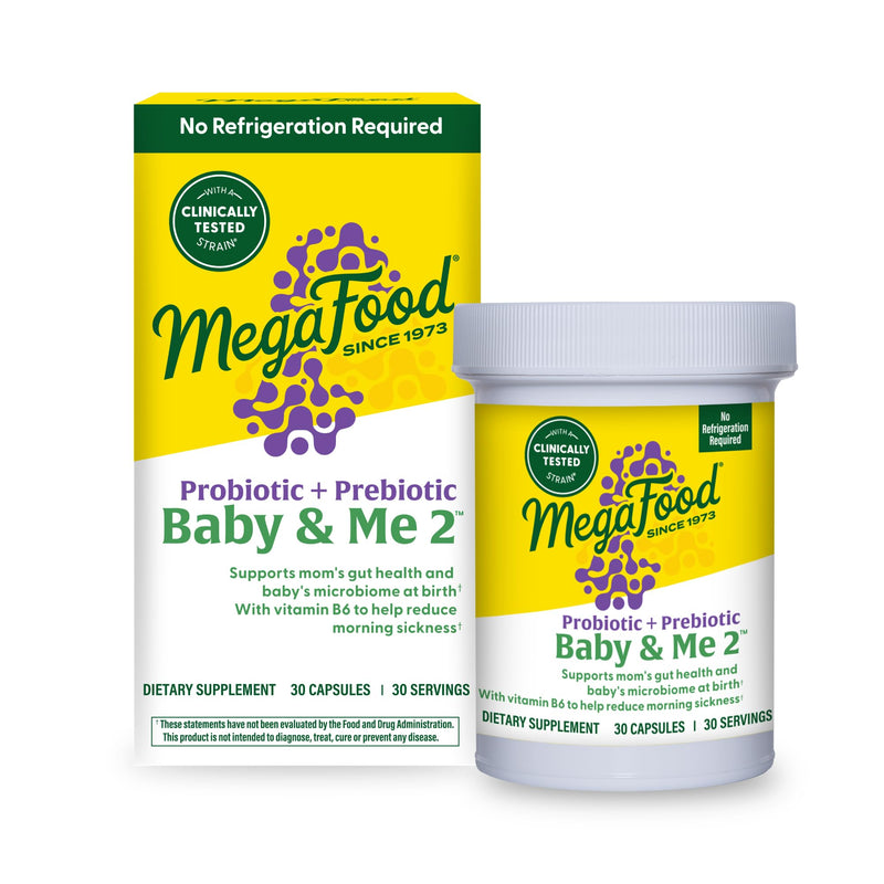 MegaFood Baby & Me 2 Prenatal Probiotic Prebiotic with B6, 30 Capsules | Womens Probiotic with Prebiotic for Digestive Health & Immune Support, Vitamin B6 for Morning Sickness Relief, 30 Servings