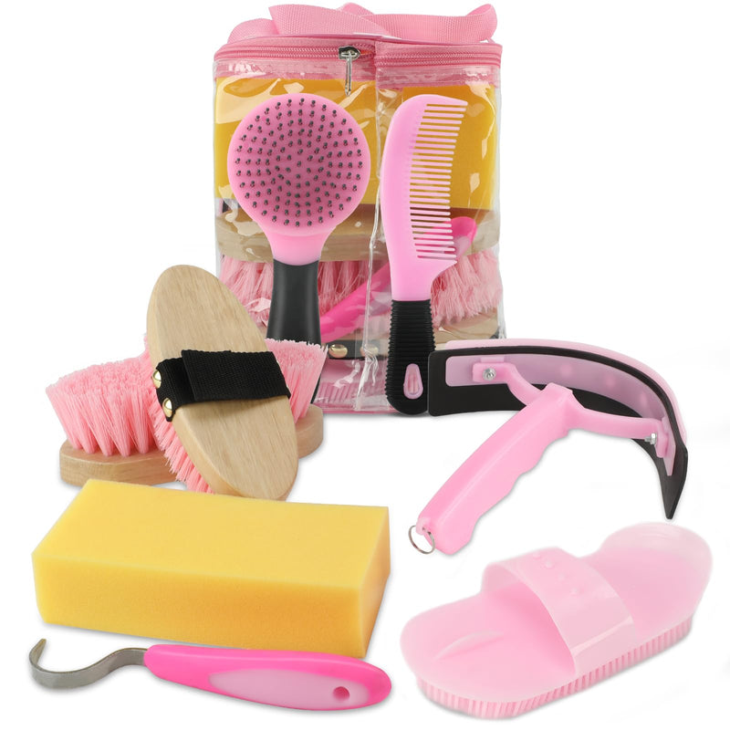 9 Pieces Horse Grooming Kits, Horse Brush Set with Tote Bag, Horse Bathing Supplies Sweat Scraper Bathing Sponge, Hoof Pick, Curry Comb for Horse Riders Beginners(Pink) Pink - BeesActive Australia
