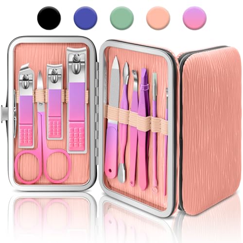 BLESWIN 10 in 1 Manicure Pedicure Kit, Manicure Kit for Women Professional, Mens Nail Grooming Kit, Manicure Tools Gift for Luxury Leather Travel Case for Family Friends (Pink & Purple) 5-Gradient Pink & Purple
