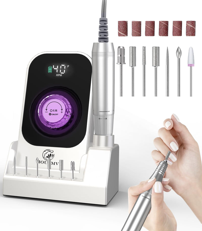 Portable Nail Drill Electric File: 40000RPM Professional Rechargeable Nail E File Machine, Cordless Nail Drill with Bits & Base for Acrylic Nails Remove Nail Gel Polish Manicure for Salon Home, White - BeesActive Australia