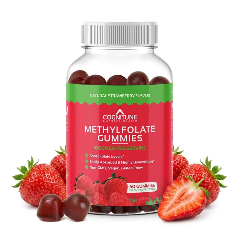 CogniTune Methylfolate Gummies for Kids and Adults 1000mcg 60 Count | L-Methylfolate 5-MTHF, MTHFR Support, Strawberry Chewable Vitamin B9, Non-GMO Vegan 60 Count (Pack of 1)