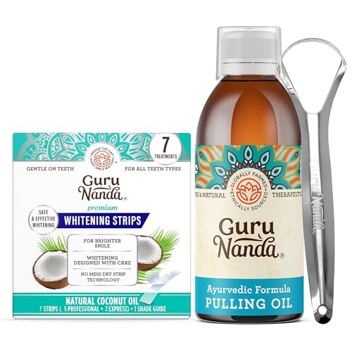GuruNanda Original Oil Pulling with Tongue Scraper & Teeth Whitening Strips - 7 Treatments with 14 Strips - Enamel-Safe Strips for Sensitive Teeth