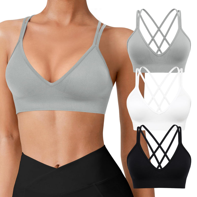 VEQING Seamless V-Neck Women Sports Bras, Padded Cross Back Wireless Low Impact Workout Yoga Bras for Small Chests, 3 Pack X-Large 3pack(black+white+gray)