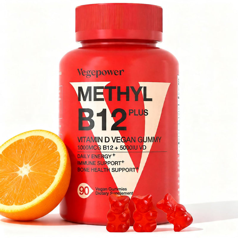 Vegan Vitamin D3 & B12 Gummies, Methyl B12 Supplement for Adults & Kids | Enhanced with Vitamin D for Natural Energy, Immune, Metabolism & Focus, Orange, 90 Gummies 90 Count (Pack of 1)