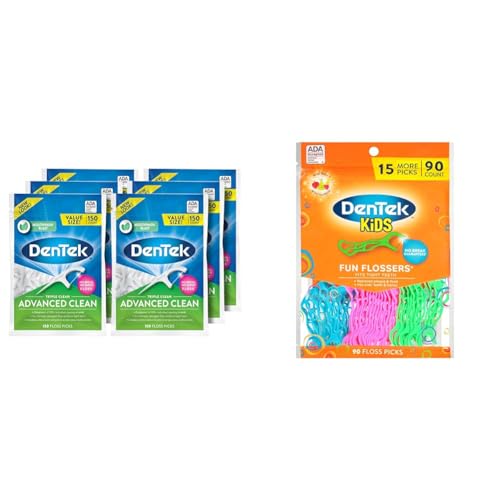 DenTek Triple Clean Advanced Clean Floss Picks, No Break & No Shred Floss, 150 Count, 6 Pack & Kids Fun Flossers, Wild Fruit, 90 Count