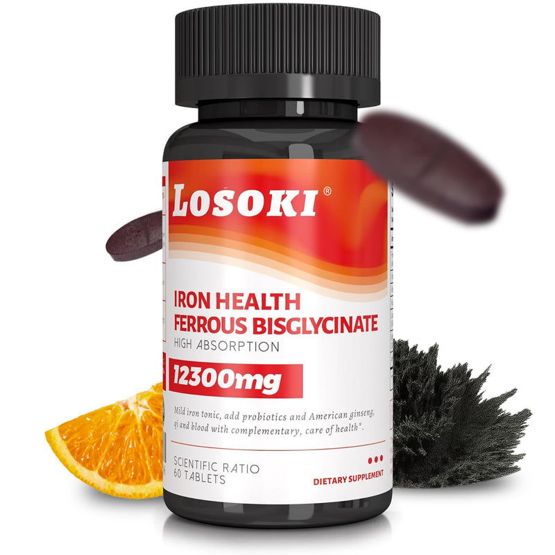 Losoki Iron Bisglycinate 20 mg with Vitamin C & B12 Ginseng 60 Tablets | American Ginseng, Probiotics, Gentle on the Stomach, Supports Energy & Iron Deficiency, Non-GMO