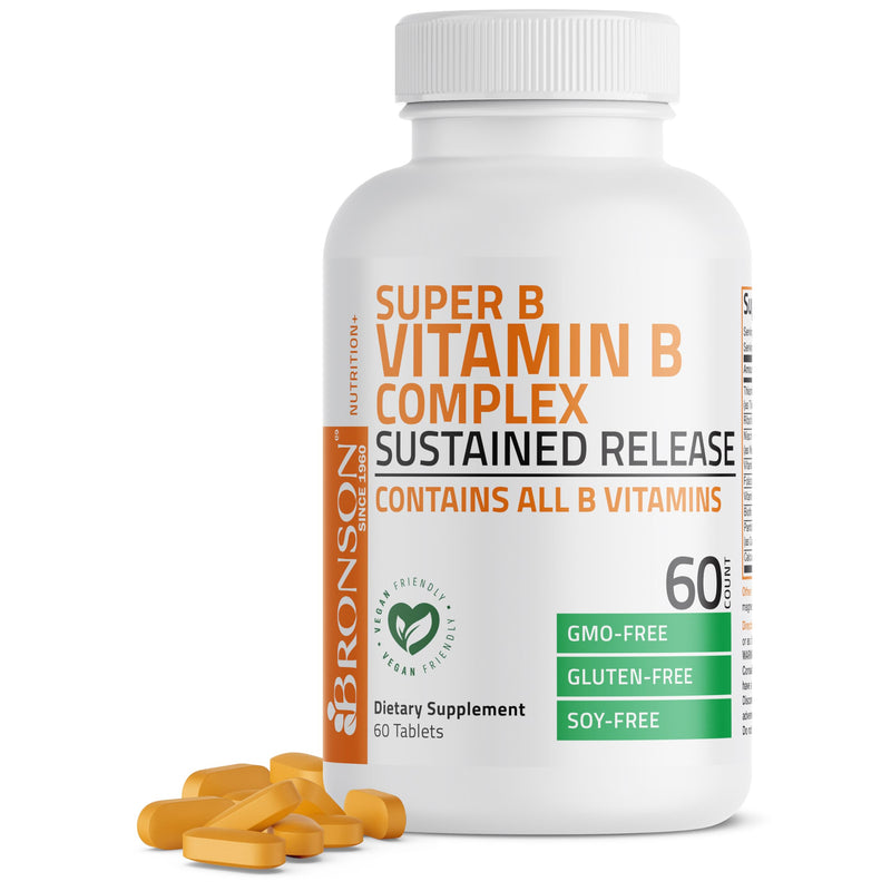 Bronson Super B Vitamin B Complex Sustained Release for Energy, 60 Tablets | B1, B2, B3, B6, Folic Acid, B12, Biotin & Pantothenic Acid, One-Tablet Formula, Non-GMO, Gluten-Free & Soy-Free 60 Count (Pack of 1)