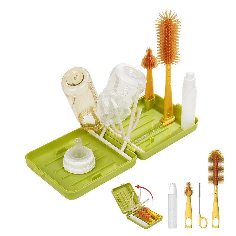Travel Bottle Brush, Travel Bottle Cleaner Kit with Foldable Bottle Drying Rack, for Visit Friends and Relations, Baby Travel Essentials, BPA Free, Green - BeesActive Australia