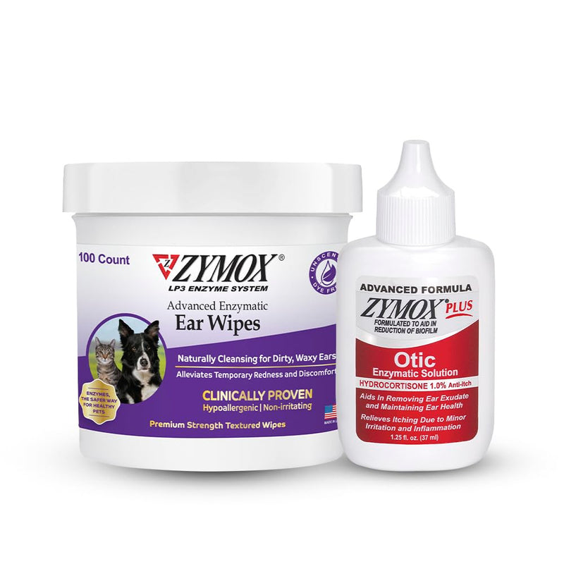 Zymox Enzymatic Ear Wipes and Otic Plus Advanced Ear Solution for Dogs and Cats - Product Bundle - for Dirty, Waxy, Smelly Ears and to Soothe Ear Infections, 100 Count Wipes and 1.25oz Bottle - PawsPlanet Australia