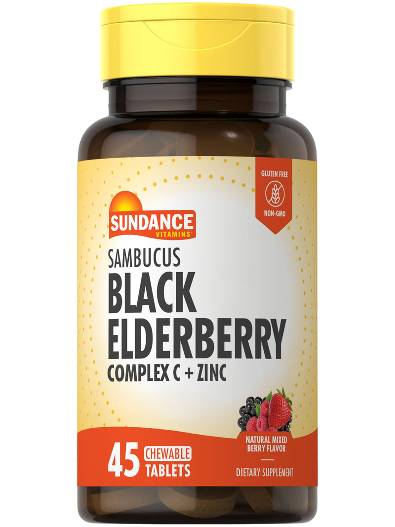 Sundance Sambucus Black Elderberry Complex | with Vitamin C and Zinc | 45 Chewable Tablets | Berry Flavor | Vegetarian, Non-GMO, and Gluten Free Supplement