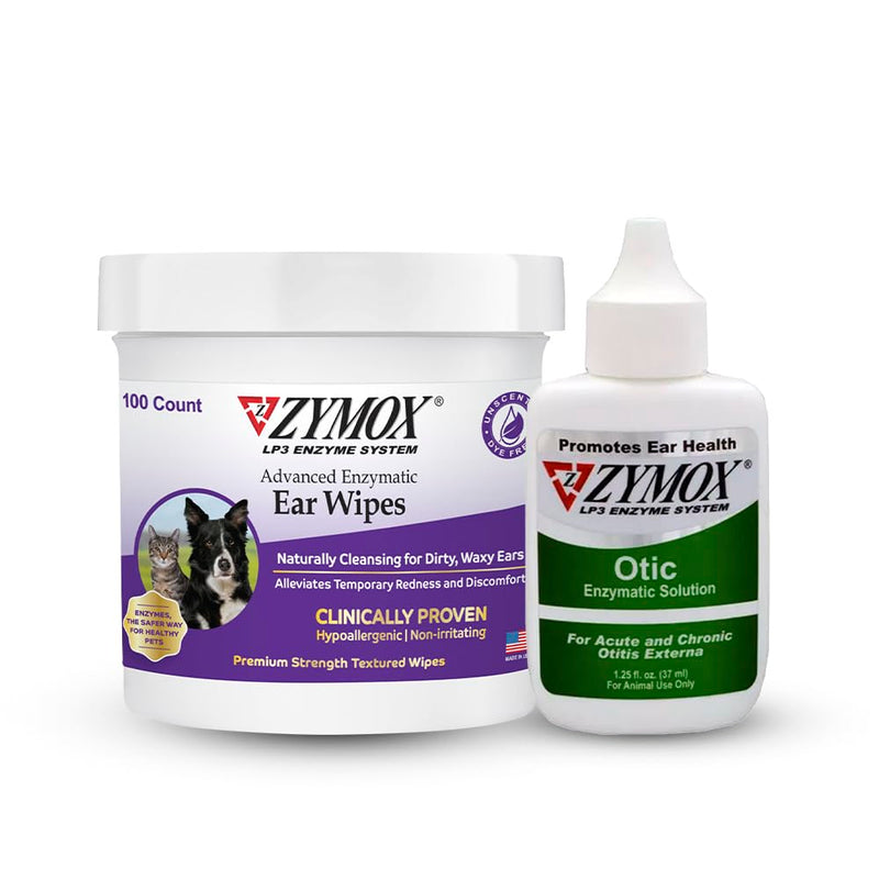 ZYMOX Enzymatic Ear Wipes and Otic Ear Solution Hydrocortisone Free for Dogs and Cats - Product Bundle - For Dirty, Waxy, Smelly Ears and to Soothe Ear Infections, 100 Count Wipes and 1.25oz bottle - PawsPlanet Australia