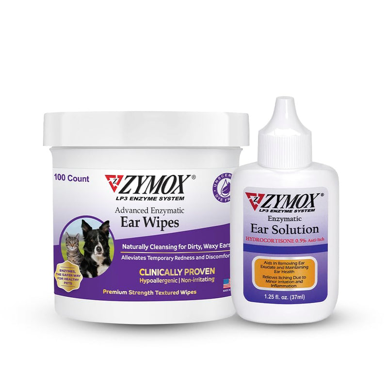 Zymox Enzymatic Ear Wipes and Ear Solution for Dogs and Cats - Product Bundle - for Dirty, Waxy, Smelly Ears and to Soothe Ear Infections - PawsPlanet Australia