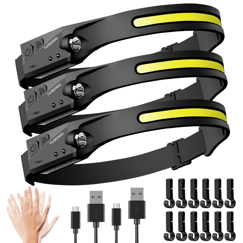 Rechargeable Headlamp 3PCS, 230° Wide Beam Head Lamp, Motion Sensor LED Headlamp Rechargeable, 6 Mode Headlamps for Adults, Bright Head Lights for Forehead, Hard Hat Headlight Black-230 230-3