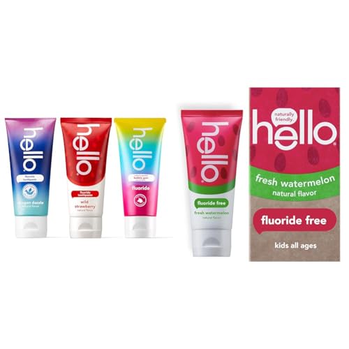 hello Variety (Unicorn, Strawberry, Dragon) Fluoride Kids Toothpaste, Anticavity, Natural Flavors, Vegan, SLS Free, Gluten Free, Ages 2+, 4.2 Ounce (Pack of 3) & Kids Natural Watermelon Fluoride
