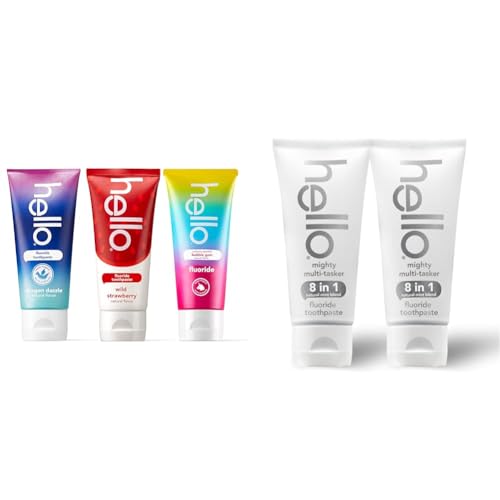 hello Variety (Unicorn, Strawberry, Dragon) Fluoride Kids Toothpaste, Anticavity, Natural Flavors & Mighty Multitasker Fluoride Toothpaste, 8-in-1 Toothpaste with Minty Flavor, Anticavity